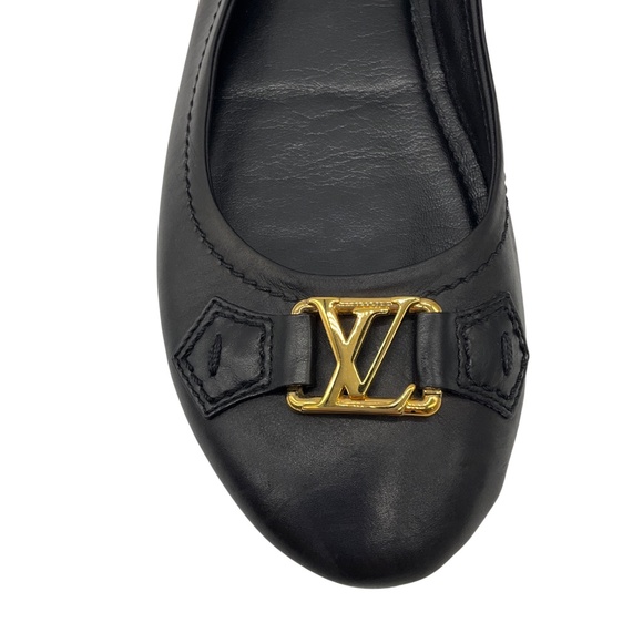 LOUIS VUITTON BLACK / GOLD LV LOGO HARDWARE LEATHER BALLET FLATS - Picture 5 of 8